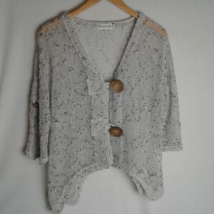 Lulu-B Sz S Open Weaved Cardigan Tunic CoverUp Wooden Buttons Neutral Tones Boho